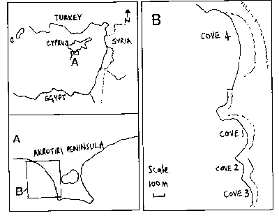 Figure 1. Sketch Map to show locations of the four study beaches on the Akrotiri Peninsula.