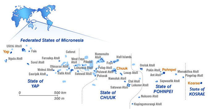 (a) Regional map of Federated States of Micronesia depicting Yap State (mainland), Ulithi Atoll and neighbouring outer islands.