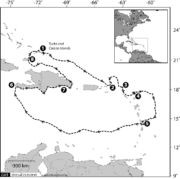 Fig. 1. Map of Suzie’s migration. The dotted line and arrows show Suzie’s migration path and the numbers represent the following range states: (1) Turks and Caicos Islands, (2) The British Virgin Islands, (3) Anguilla, (4) Barbuda, of Antigua & Barbuda, (5) Martinique, (6) Haiti, (7) The Dominican Republic and (8) Grand Inagua in the Bahamas.